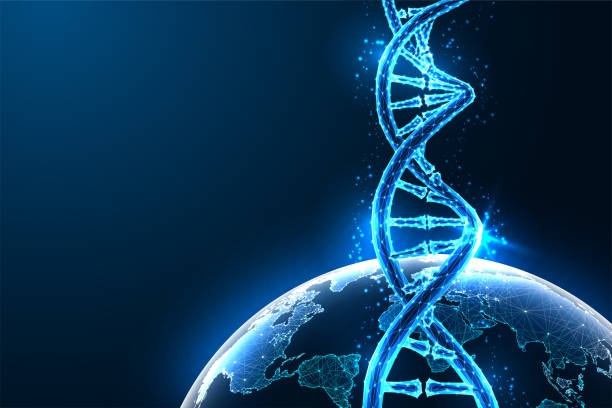 istock Global genetics, biotechnology, environmental research futuristic concept with DNA and Earth 2173603676