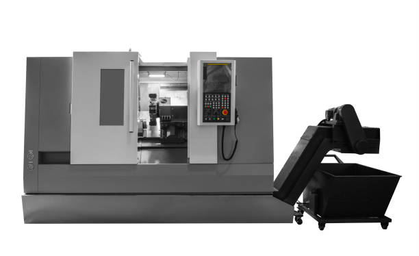 istock Metal machine tools industry. CNC lathe turning machine high-speed cutting is operation on white 2173604016