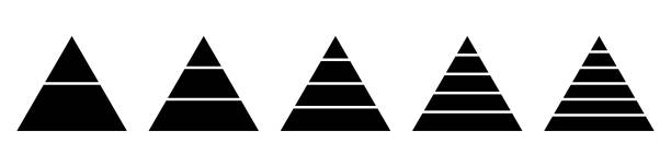 Triangular pyramid infographic vector icon set. Triangle hierarchy data segments collection. Business concept. Vector illustration This vector icon set features triangular pyramid infographics, showcasing a collection of triangle hierarchy data segments. Each icon represents a different level or segment within a pyramid structure, effectively illustrating concepts related to business hierarchies, organizational structures, or data classification. The design is simple yet impactful, making it suitable for presentations, reports, or educational materials focused on conveying information in a visually engaging way. The pyramid shape emphasizes the relationship between different elements, helping viewers understand priorities or levels of importance within a given context. This set is a valuable resource for designers and professionals looking to enhance their visual communication. schema stock illustrations