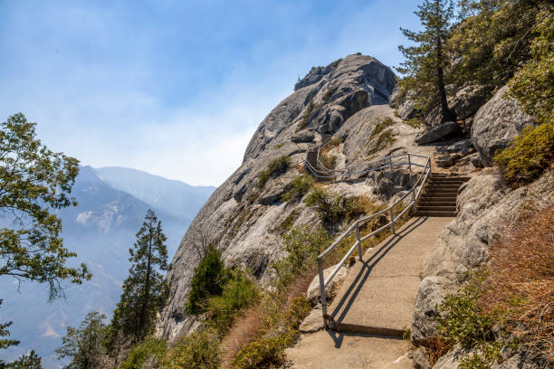 Concrete stairs on the Moro Rock Trail lead hikers to a breathtaking summit in Sequoia National Park, California, surrounded by forest and rugged rock formations.