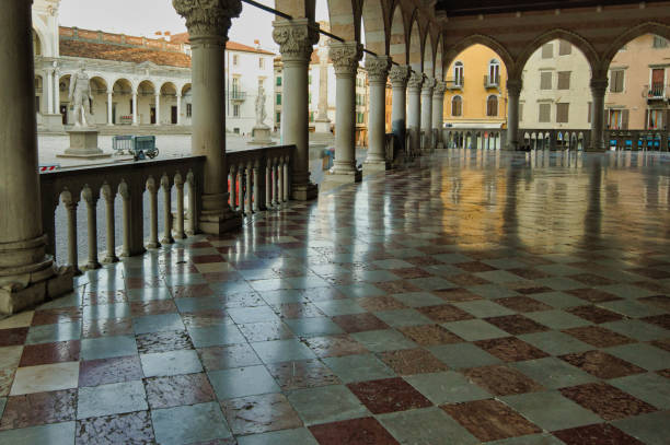 istock Medieval loggia with checkerboard stone tile floor 2173644441