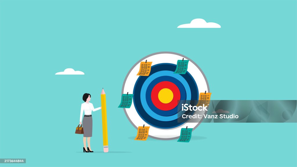 business target plan, timeline or stages of procedures for carrying out tasks, task scheduling strategy, daily agenda or journal, businessman attaching plan paper to the archery target board Achievement stock vector business target plan, timeline or stages of procedures for carrying out tasks, task scheduling strategy, daily agenda or journal, businessman attaching plan paper to the archery target board Achievement stock vector