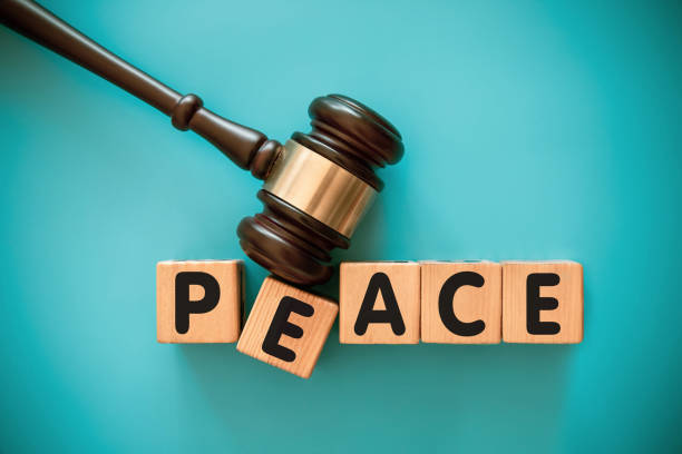 istock Gavel and toy block with PEACE 2173645999