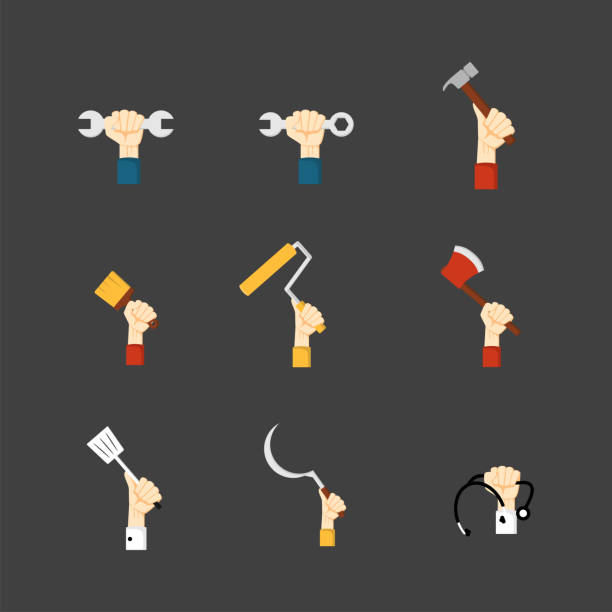 istock hand with work tools icon flat style. collection of isolated cartoon illustrations 2173650578