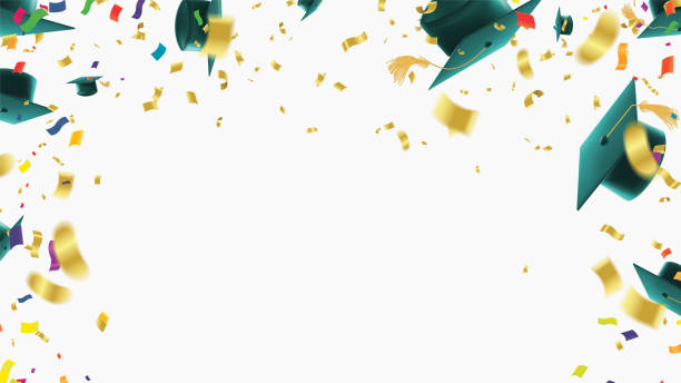istock Graduation Day For class Graduation caps thrown up and golden foil confetti on a background. Congrats Graduates. Horizontal vector illustration. 2173672308