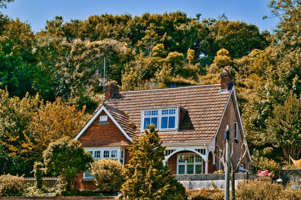 A charming house surrounded by lush greenery and trees. The house features a sloped roof, large windows, and a welcoming porch. The vibrant foliage in the background adds to the serene atmosphere, suggesting a peaceful rural setting.