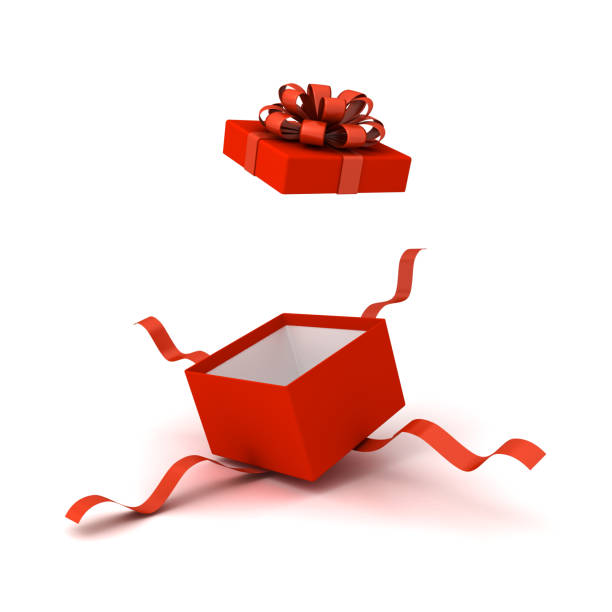 istock Open red gift box product display mockup or blank red present box with red ribbons and bow isolated on white background with shadow 3D rendering 2173677498