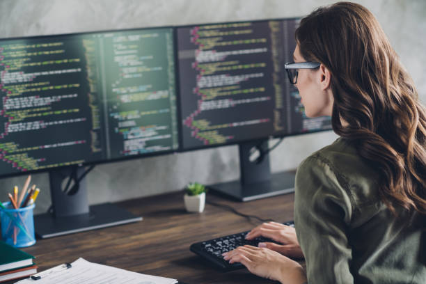 istock Profile portrait of intelligent talented hardware expert lady keyboard typing code open space indoors 2173683209