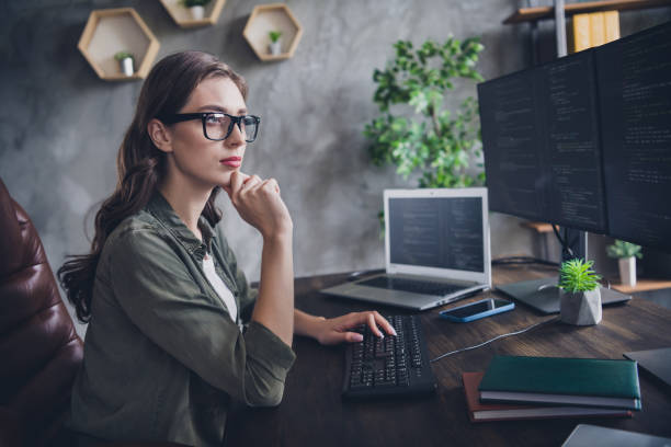 istock Profile side photo of intelligent confident lady open pc operating system fix bugs error check content indoor room workstation 2173683318