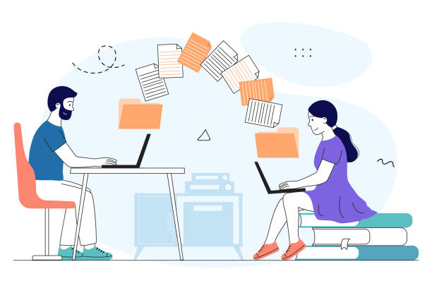 istock People with file transfer. Man and woman with laptop exchange folders with documents. Cloud service and social networks. internet connection. Linear vector illustration 2173685575