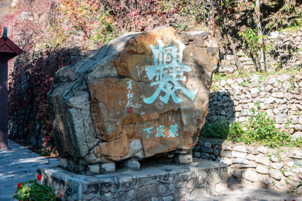 Guangzhou City, China - April 5, 2019: Chinese characters are carved on huge rocks in a park, Guangzhou City, Guangdong Province, China