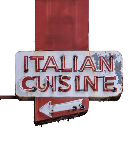 A Rustic, Vintage Retro Sign For Italian Cuisine In A USA City, Isolated On A White Background