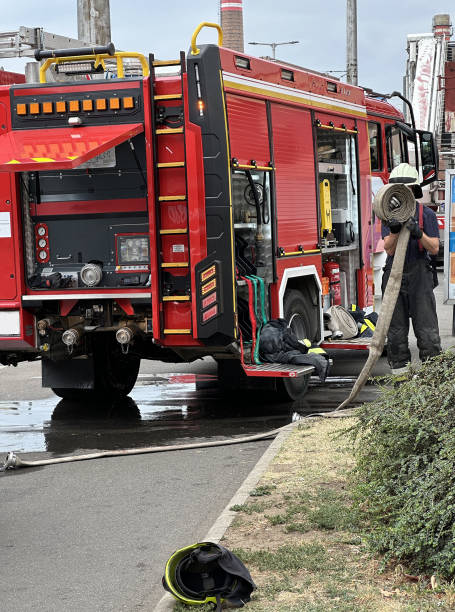 Fire trucks are moving along the street in Kyiv, Ukraine