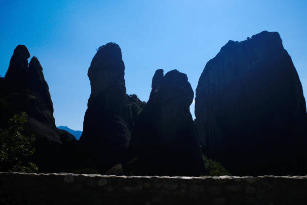 meteora landscape with rocky mountains and sanctuary in greece