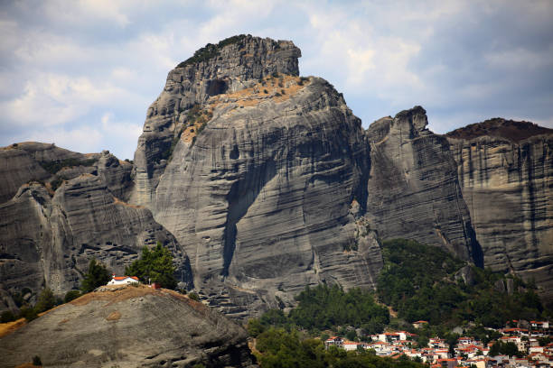 meteora landscape with rocky mountains and sanctuary in greece