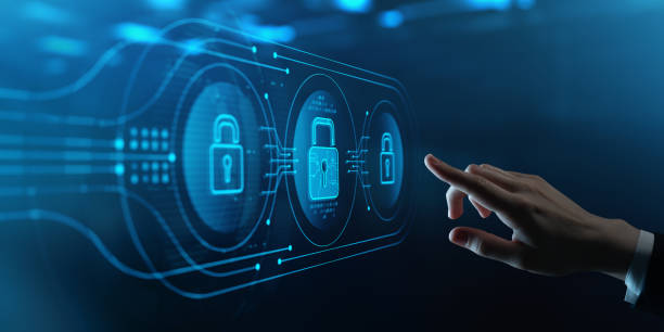 istock Hand touching a digital virtual screen with a lock icon. Cyber Security and Data Protection concept 2173709413