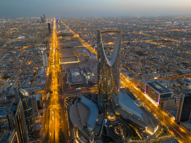 Drone shot flying. Saudi Arabia. Riyadh. Sunrise. Kingdom Tower