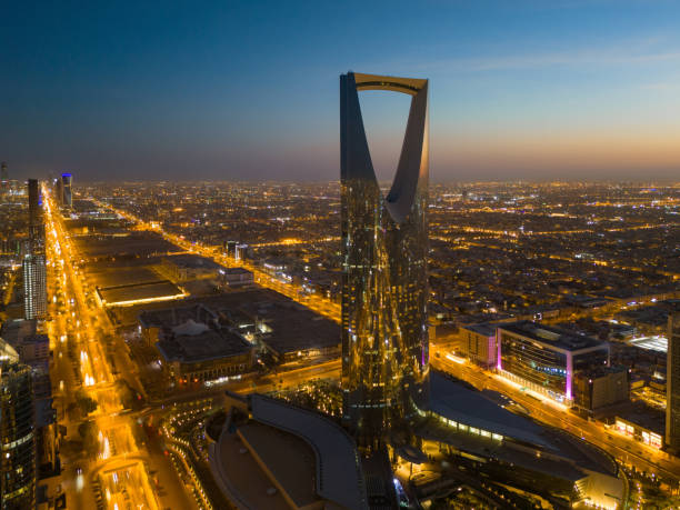 Drone shot flying. Saudi Arabia. Riyadh. Kingdom tower. Sunset. Evening.