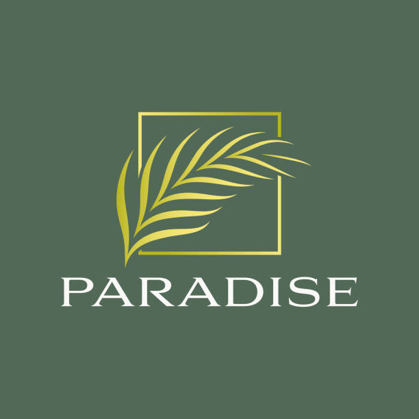 ilustraciones, imágenes clip art, dibujos animados e iconos de stock de concepto del logotipo de la hoja de palma del paraíso negocio del complejo vacacional de la playa del verano tropical - lugar turístico