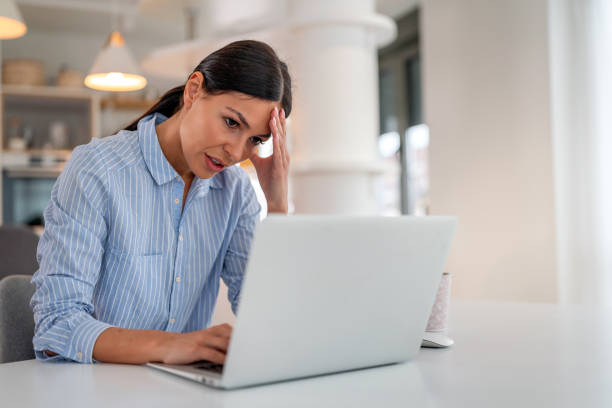 istock Frustrated businesswoman at office desk, feeling tired after unproductive work, creative crisis 2173723949