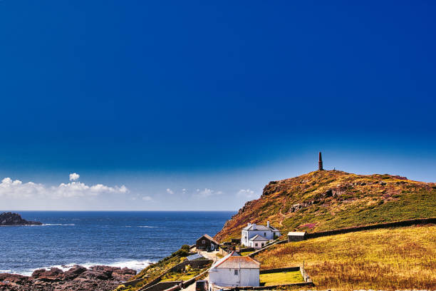 A scenic coastal view featuring a hill with a monument, overlooking the ocean. In the foreground, there are white houses and lush green fields, under a clear blue sky.