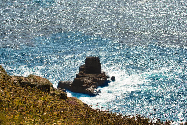 A rocky outcrop in the ocean, surrounded by shimmering water under bright sunlight. The scene captures the beauty of nature with waves crashing against the rocks and a vibrant coastline.
