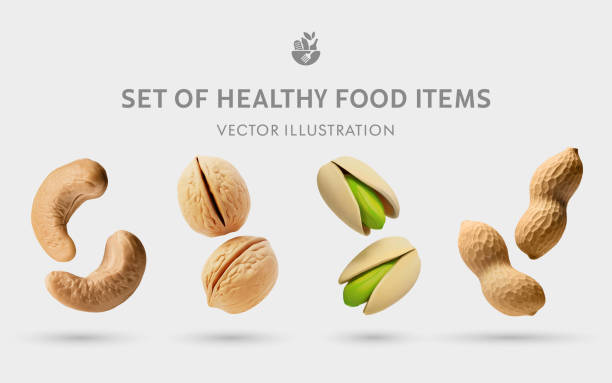 illustrazioni stock, clip art, cartoni animati e icone di tendenza di un set di elementi vettoriali 3d di cibo sano: anacardi, noci, pistacchio, arachidi - arachide-cibo