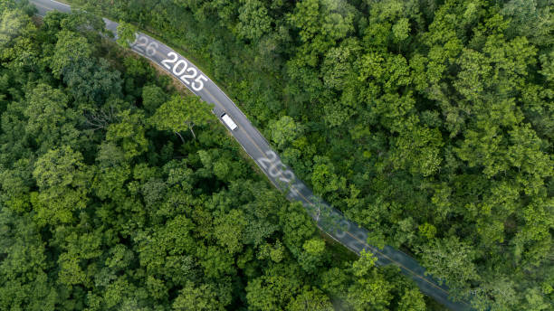 2025 Goal. Green Business Development for Sustainable Environmental Goals. Environmentally Friendly Technology Concept. Clean and Green Transportation Without Greenhouse Gases in Electric Drive System.