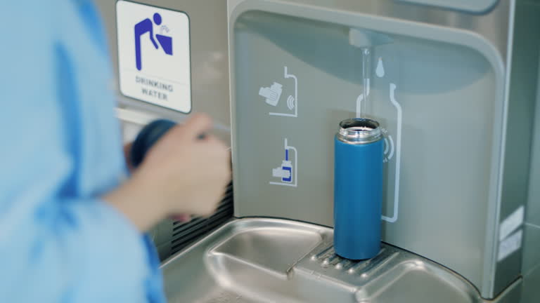 A person refills a reusable bottle at a modern water station, highlighting eco-conscious living and plastic reduction.