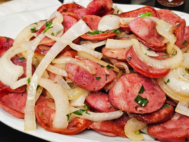 istock Fried sausage slices with onion 2173741113