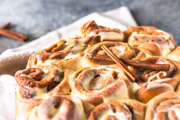 istock Traditional swedish cinnamon rolls on gray background, close-up 2173741523