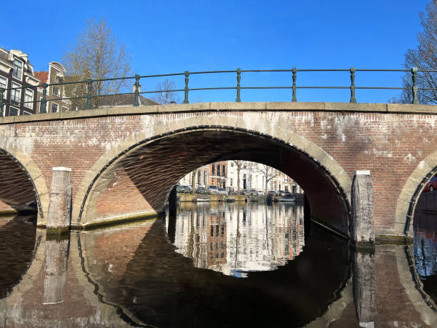 Bridge over canal in Amsterdam.  Reflections in water of Dutch houses.  Bright blue sky.