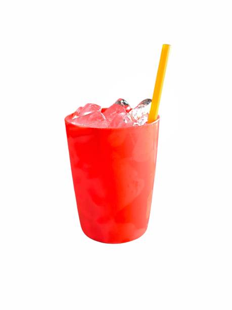istock Ice cube in red plastic glass isolated on white background. Beverage menu 2173750287