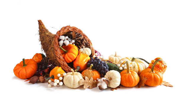 Thanksgiving cornucopia filled with autumn vegetables, pumpkins and fall decor isolated on white