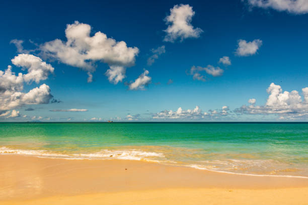 Caribbean beach with white sand, deep blue sky and turquoise water