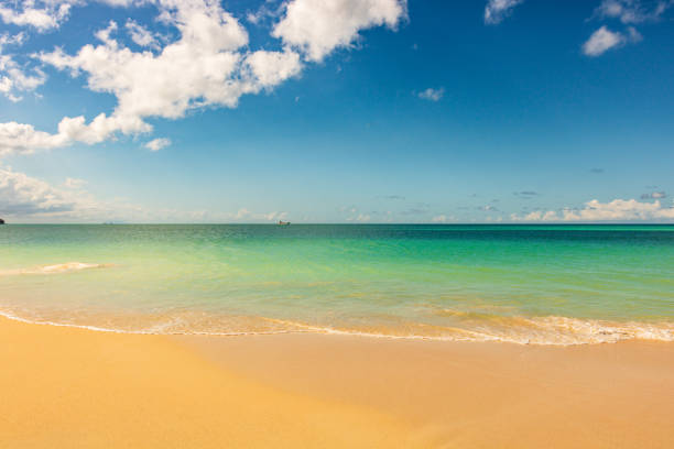 Caribbean beach with white sand, deep blue sky and turquoise water