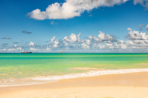 Caribbean beach with white sand, deep blue sky and turquoise water