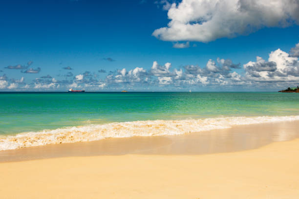 Caribbean beach with white sand, deep blue sky and turquoise water