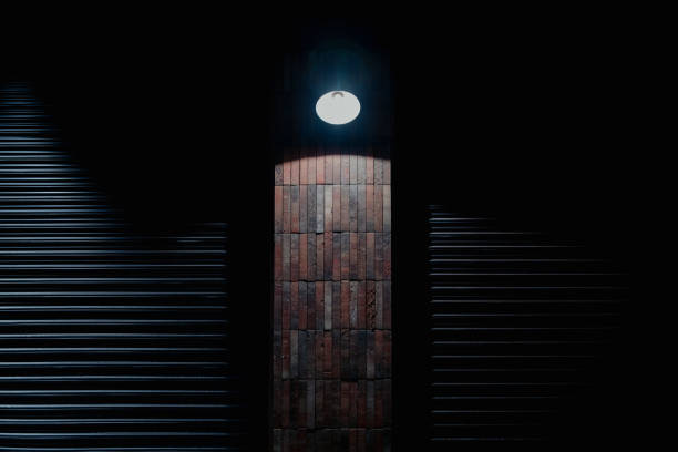 Street lights and garage shutters at night
