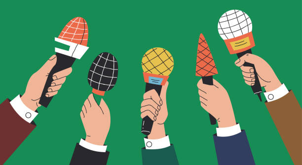 illustrations, cliparts, dessins animés et icônes de conférence de presse micro nouvelles interview journaliste média caméra microphone concept. illustration d’éléments de conception graphique vectorielle - interview entretien