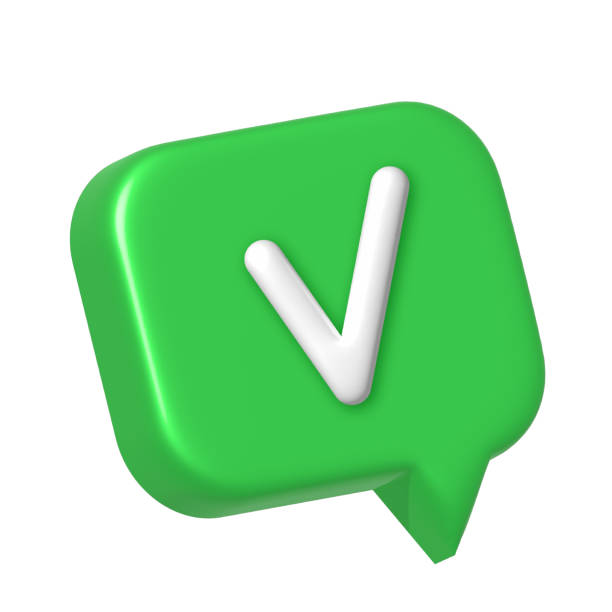 istock 3d check mark icon on green speech bubble pin isolated on white background 2173760003