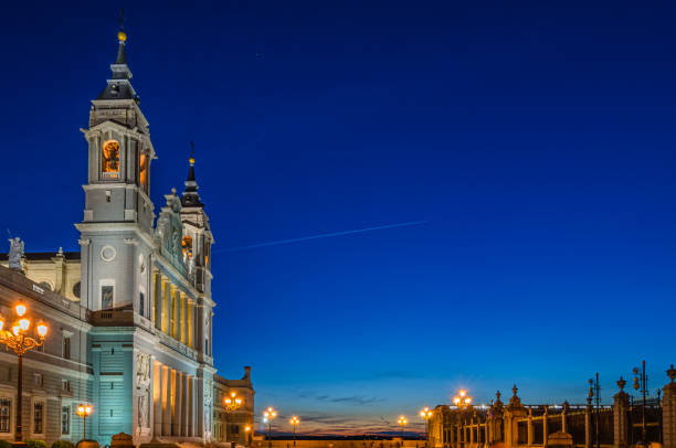 Dusk view of the Almudena Cathedral in Madrid, Spain
