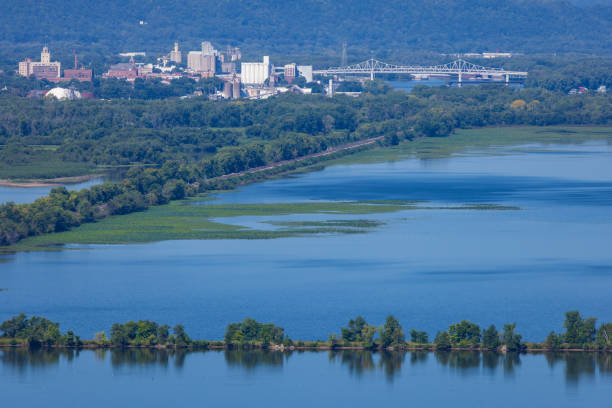 Mississippi River Backwaters with Town and Bridge