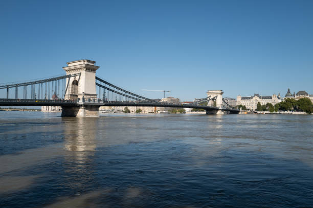 The flooding Danube rises close to the underside of the Chain bridge in central Budapest, Hungary.