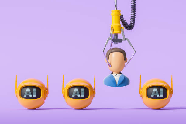 istock Robotic claw selecting a candidate from AI options on a purple background. 3D Rendering 2173775923