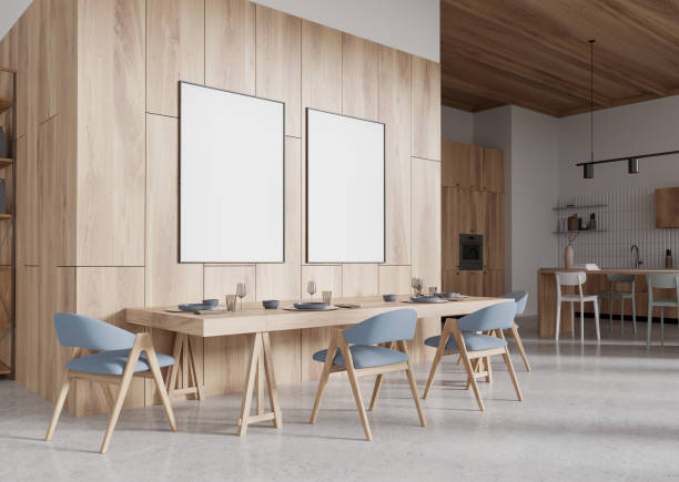 istock Wooden home kitchen interior with eating table and chairs. Mockup poster 2173776087