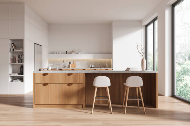 istock Modern kitchen interior with wooden cabinets and island. 3D Rendering 2173776817