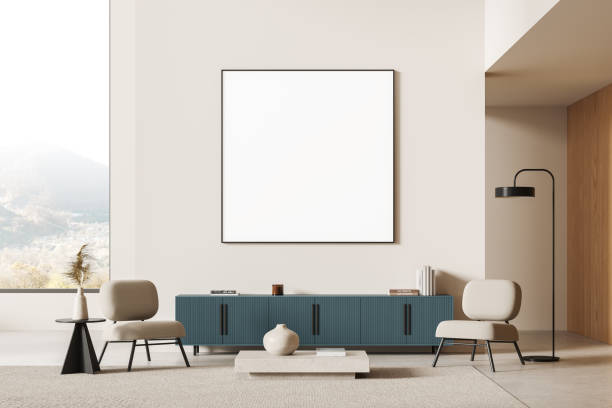 istock Light home relax room interior armchairs and window, mockup frame 2173777133