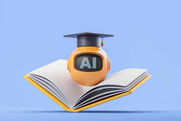 AI robot in graduation cap with book, education concept on colored background