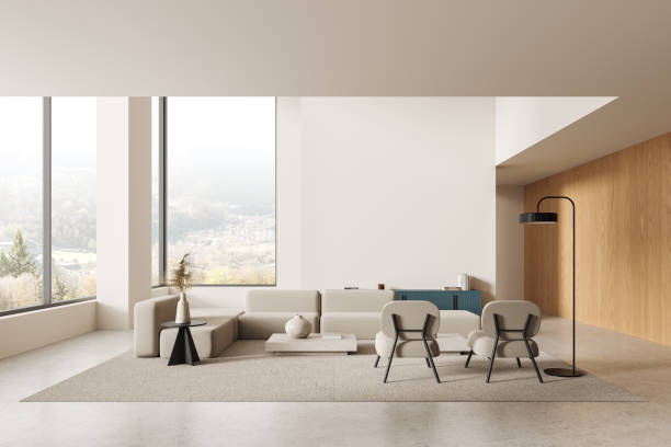 istock Elegant home living room interior with two armchairs, sofa and panoramic window 2173777853